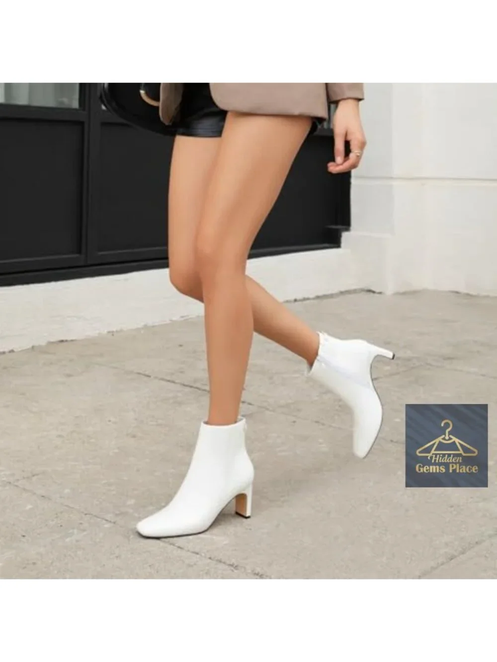 Women's Square Toe Chunky Heeled Ankle Boots with Side Zipper